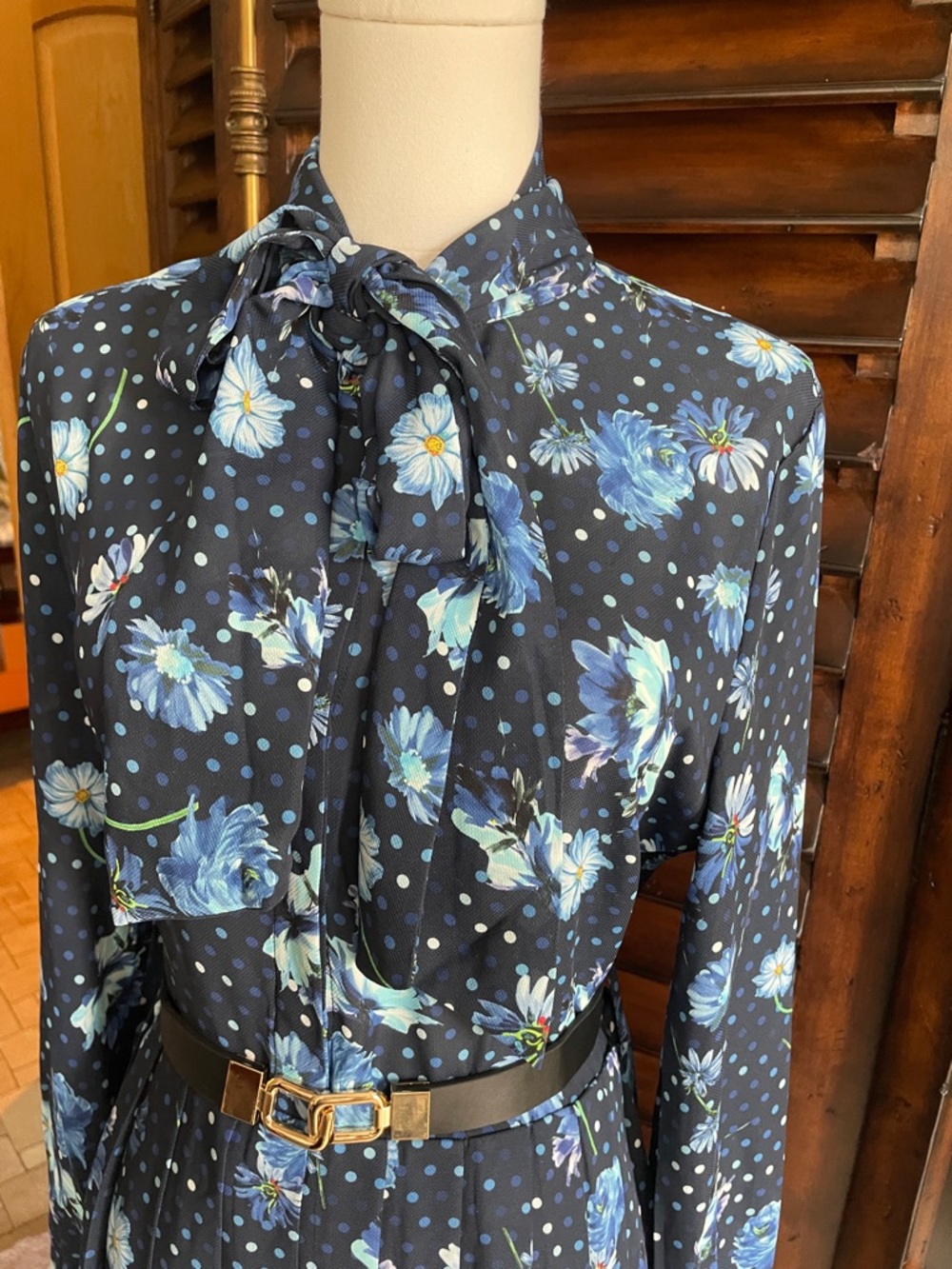 Gracia Navy Floral Tie-Neck Long Sleeve Dress Belt Spring Tea Party Large - Picture 6 of 14